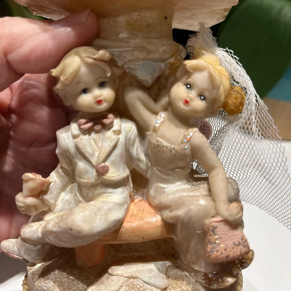 Vintage bride & groom 6” cake topper. Bride has veil & Shimmery dress, groom